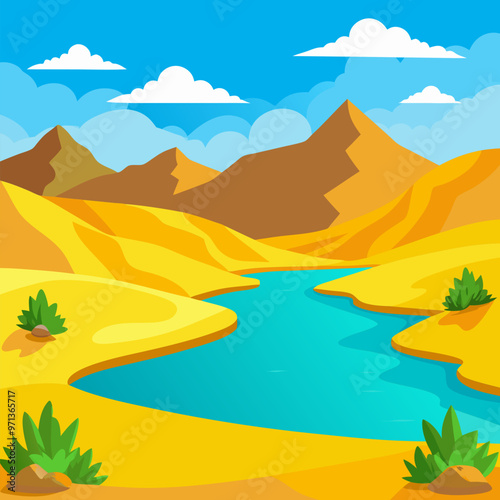 Desert river landscape with yellow sand dunes or mountains vector cartoon scenic background. Oasis with lake water in dry african Sahara cracked ground with dusty green plants under sunny blue sky