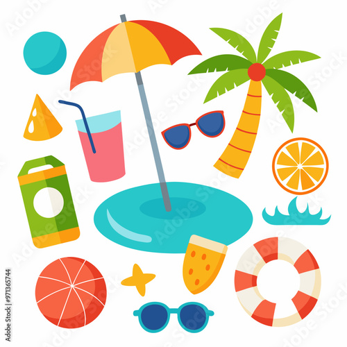 Summer sea beach element vector cartoon illustration set. Isolated tropical pool party element collection with cocktail, sunglasses, umbrella and ball on white background. Waterslide and lifebuoy item