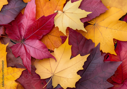 Vibrant and Colorful Autumn Leaves Lying on the Ground with Red, Yellow, and Orange Tones