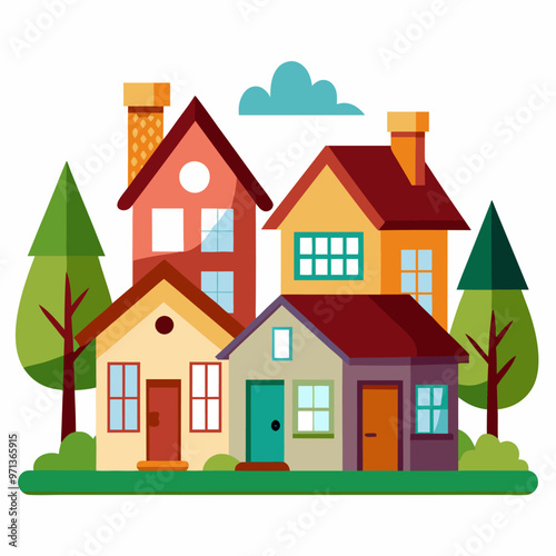 Suburban houses set isolated on white background. Vector cartoon illustration of traditional american town cottages with windows, doors, porch, chimney on roof, wooden facade, street design elements