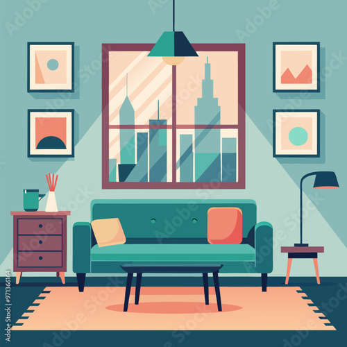 Light living room in modern apartment with cityscape view in window. Vector cartoon illustration of home interior with couch, lamp on table, framed pictures on wall, carpet on floor, morning sunlight