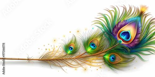 Vibrant 3D Peacock Feather with Sparkler Lines Border Frame - Culturally Rich Design for Celebratory Announcements, Generous Copy Space, Isolated on White Background