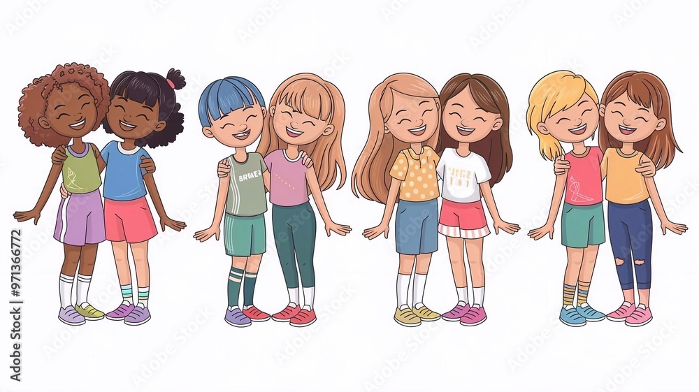 Four pairs of animated girls standing together, smiling and laughing. on a white background Four pairs of animated girls standing together, smiling and laughing. on a white background