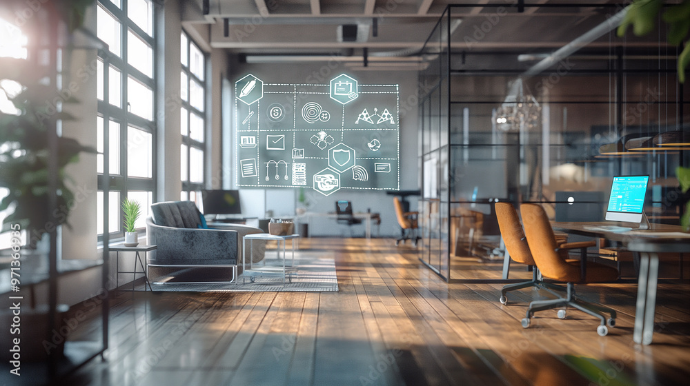digital Process to increase work productivity concept visualization through virtual display of icons in modern office, digital management technology digital Process to increase work productivity concept visualization through virtual display of icons in modern office, digital management technology