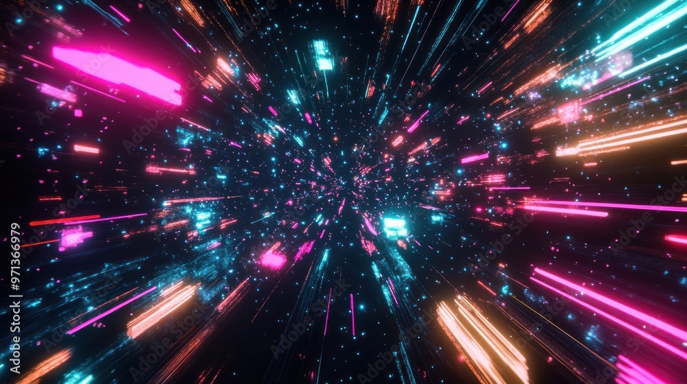 Fototapeta premium A colorful, neon-lit tunnel with many different colored squares and lines