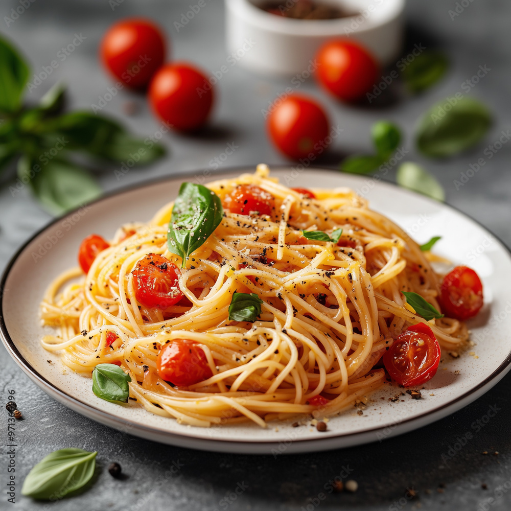 Fresh Tomato Noodles Served in a White Bowl with Chopped Tomatoes on Kitchen Background Fresh Tomato Noodles Served in a White Bowl with Chopped Tomatoes on Kitchen Background