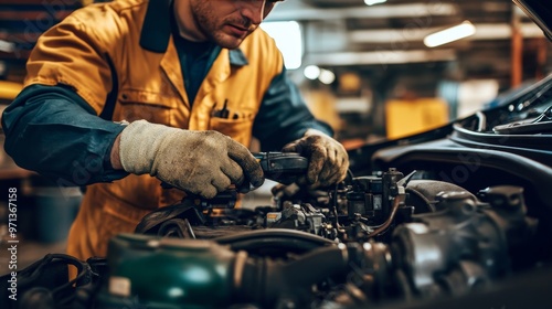 Dedicated auto mechanic fixing car engine in garage with natural light, tools and uniform in focus