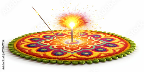 3D Isolated Rangoli and Sparkler Lines Icon - Minimalistic Vector Design on White Background, Celebrating Cultural Symbolism and Festive Energy