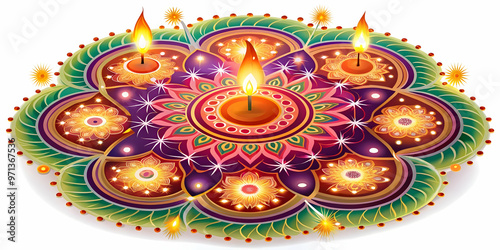 Vibrant Flat Glossy Rangoli Background with Sparklers - High Angle Festive Vector Illustration in Soft Diffused Light