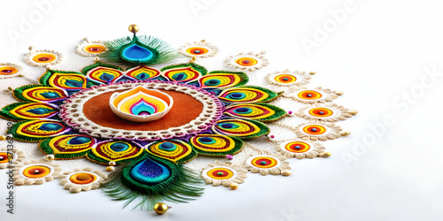Vibrant Isolated Peacock Feather and Rangoli Vector Design on White Background � Colorful Cultural Fusion with Clean Lines and Glowing Details