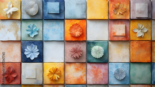 3D Zero Waste Watercolor Tiles with Rangoli Accents: Eco-Conscious Seamless Design Featuring Bamboo, Recycled Paper, & Cloth Bags on a White Background