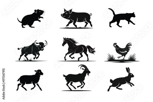 Black icons of 9 species of animals on a white background.
