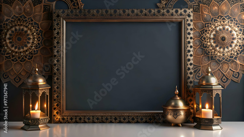 Minimalist Flat Abstract Lantern and Rangoli Border Frame with Ample Copy Space for Cultural Event Announcements - Sleek Vector Design