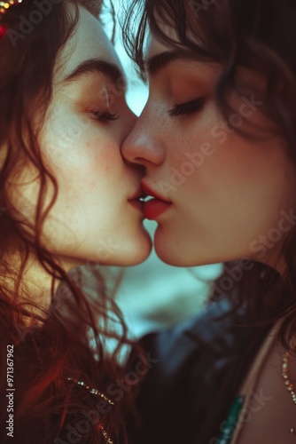 Two women kissing each other's lips. Scene is romantic and intimate. The women are both smiling, which adds to the overall feeling of happiness and affection