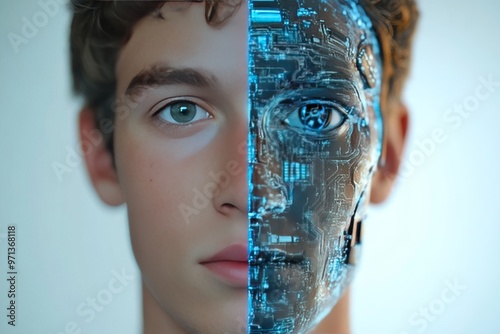 Transhumanism digital neuroarchitecture wearable robotics artificial synapse and holographic interface young man with a half digital face symbolizing the integration of ai into human identity photo