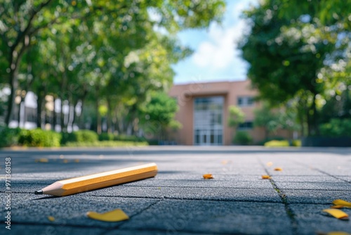 A pencil is laying on the ground in front of a building. The scene is peaceful and quiet, with the only sound being the pencil's tip scratching against the pavement photo