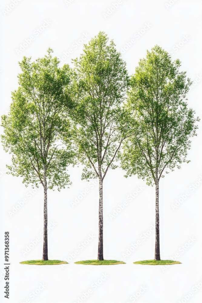 Fototapeta premium Three trees are standing in a row, with one of them being the tallest. The trees are green and appear to be healthy. The image has a peaceful and serene mood