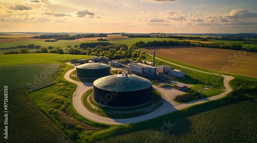 Overview of a rural biogas plant processing agricultural waste, with digesters and tanks surrounded by fields