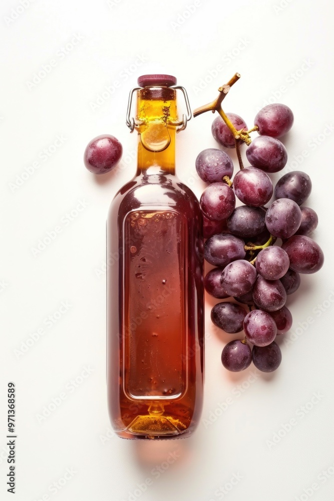 A bottle of wine is next to a bunch of grapes. The bottle is half full and the grapes are on a white background A bottle of wine is next to a bunch of grapes. The bottle is half full and the grapes are on a white background