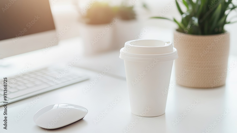 Minimalist workspace modern white desk with keyboard, mouse, and coffee cup in soft lighting Minimalist workspace modern white desk with keyboard, mouse, and coffee cup in soft lighting