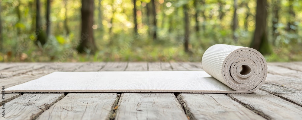 Yoga mat rolled out in a peaceful outdoor setting, physical wellness, holistic Yoga mat rolled out in a peaceful outdoor setting, physical wellness, holistic