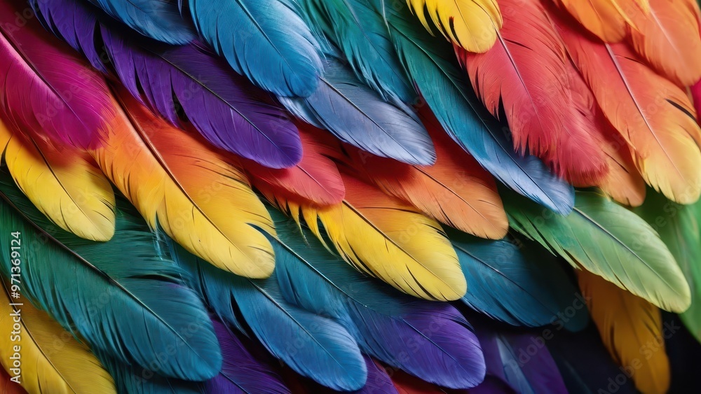 Obraz premium Vibrant feathers in a rainbow pattern, showcasing rich colors and textures.