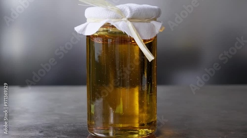 Fresh, golden-honey in a glass jar, pure and organic, with a smooth, sticky texture and glossy appearance