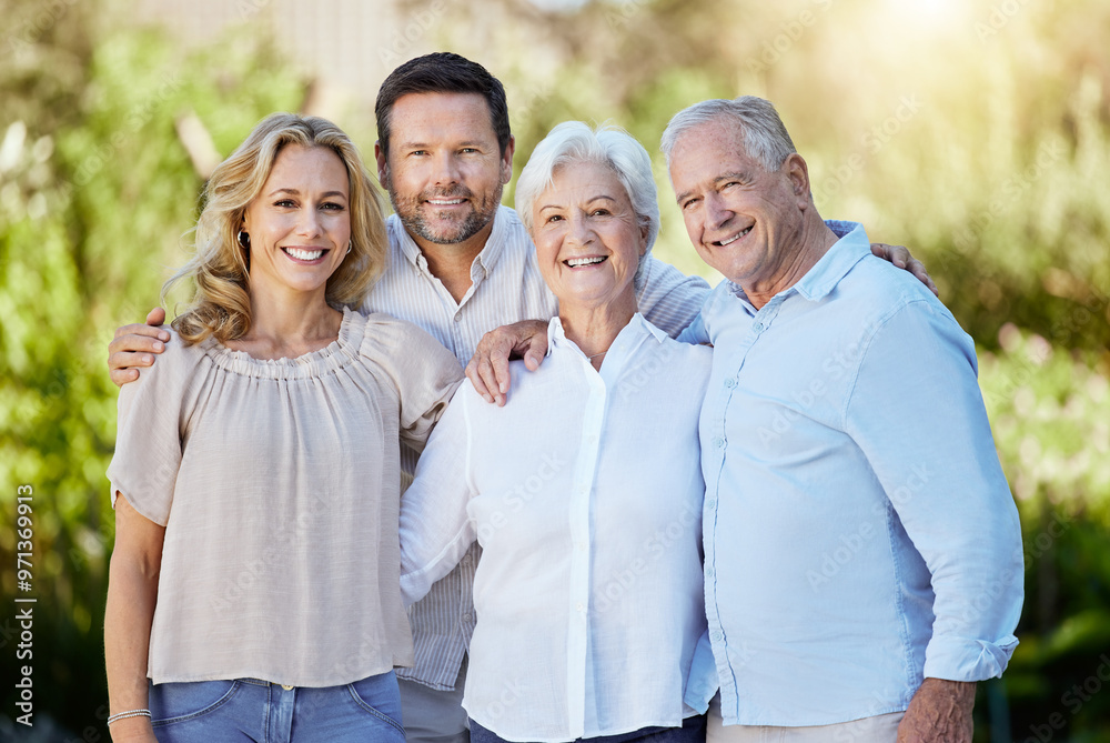 Happy, hug and love with portrait of family in park for support, summer holiday and garden. Care, solidarity and vacation with group of people in nature for relax, bonding and community together Happy, hug and love with portrait of family in park for support, summer holiday and garden. Care, solidarity and vacation with group of people in nature for relax, bonding and community together