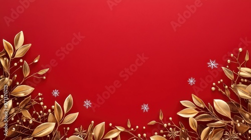 A red background with gold leaves and snowflakes