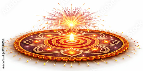 3D Isolated Rangoli and Sparkler Lines Icon on White Background - Minimalistic Vector Design Highlighting Cultural Symbolism and Festive Energy