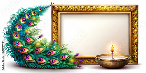 Vibrant Diya Lamp with Colorful Peacock Feather Border - Traditional Festive Frame with Ample Copy Space for Invitations and Celebratory Messages