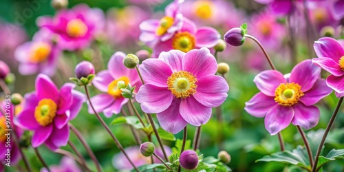 Beautiful hardy grape leaf Japanese anemone plant blooming in a garden setting with vibrant flowers