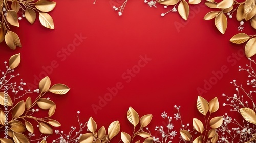 A red background with gold leaves and snowflakes