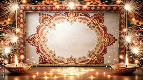 Dynamic Flat Rangoli and Sparkler Wave Border with Ample Copy Space for Celebration Invitations - Vibrant Vector Design