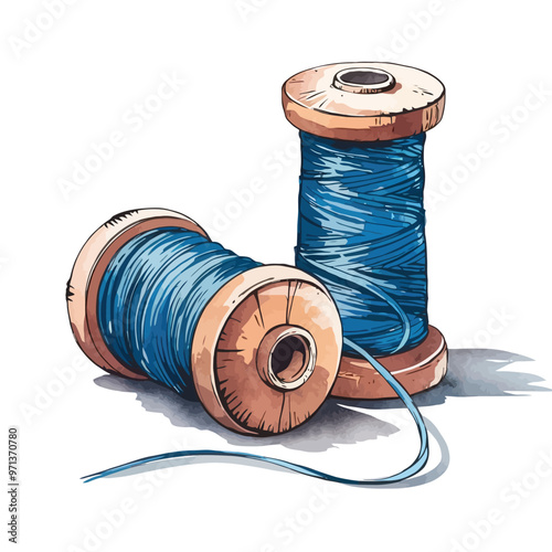 Watercolor painting of two spools of blue thread one lying on its side and the other standing uprigh