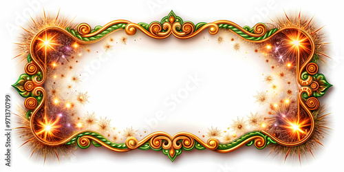 Dynamic 3D Rangoli and Sparkler Wave Border Frame with Ample Copy Space for Celebratory Messages or Invitations on Isolated White Background