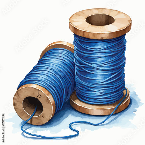 Watercolor painting of two spools of blue thread, one lying on its side and the other standing upright