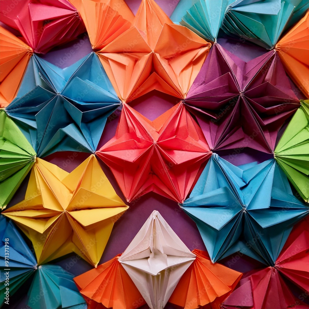 Vibrant and intricate folds of origami paper arranged in an abstract, geometric pattern, creating a visually stimulating and colorful composition. Vibrant and intricate folds of origami paper arranged in an abstract, geometric pattern, creating a visually stimulating and colorful composition.