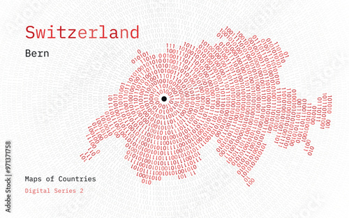 A map of Switzerland depicted in zeros and ones in the form of a circle. The capital, Bern, is shown in the center of the circle