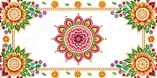 Elegant Flat Rangoli and Floral Border Frame with Ample Copy Space for Personalized Text - Vibrant Vector Illustration for Cultural and Festive Occasions