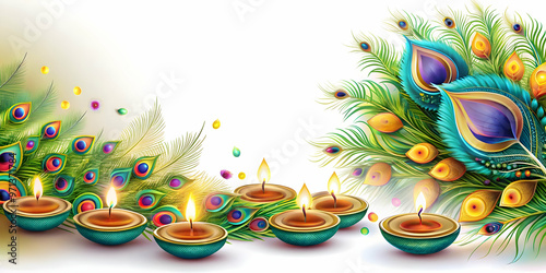Vibrant Peacock Feather and Diya Border Frame with Generous Copy Space for Festive Greetings - Elegant Design for Cultural Celebrations