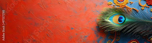 Vibrant Peacock Feather and Rangoli Border Frame with Ample Copy Space for Festive Messages - Culturally Rich Stock Photo Design