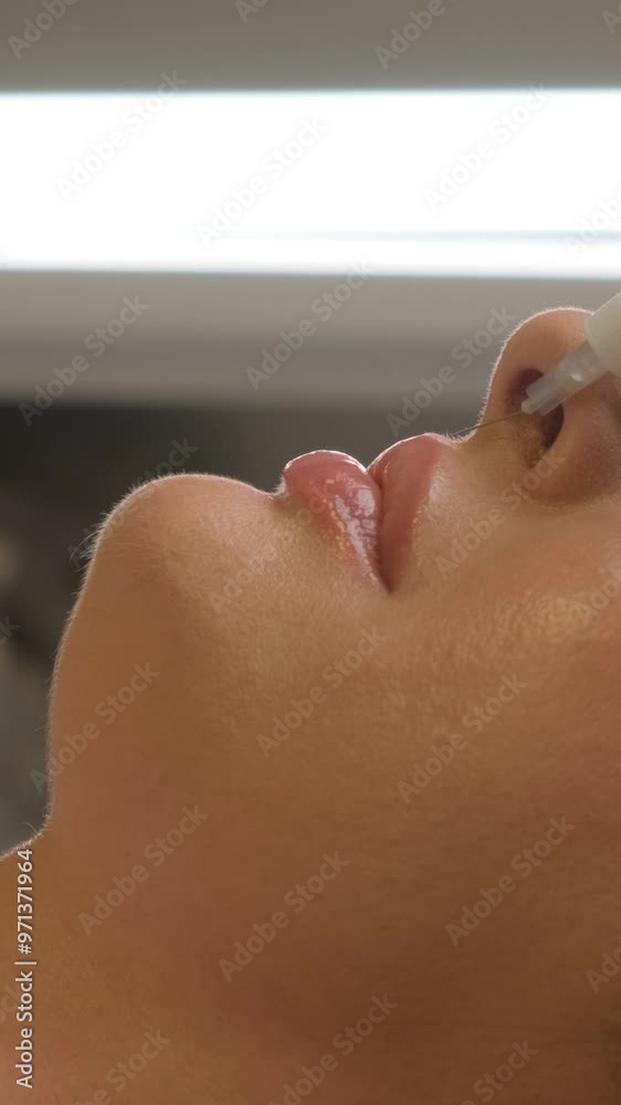 Syringe near woman's chin, beauty injections with fillers for chin shape correction. Syringe near woman's chin, beauty injections with fillers for chin shape correction.
