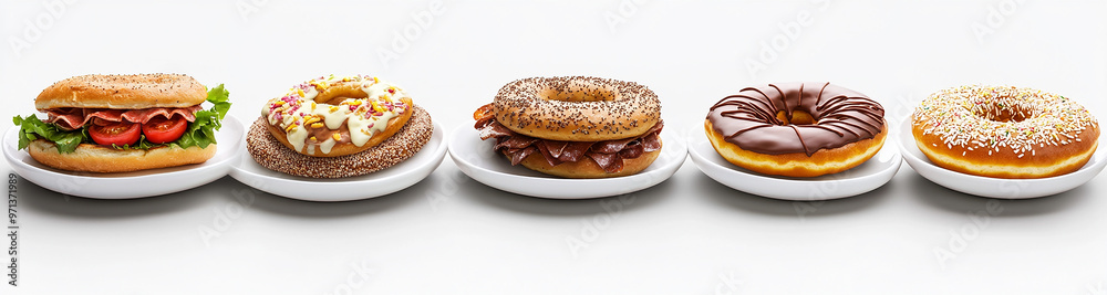 different kinds of snacks donuts, bagels on a white background different kinds of snacks donuts, bagels on a white background