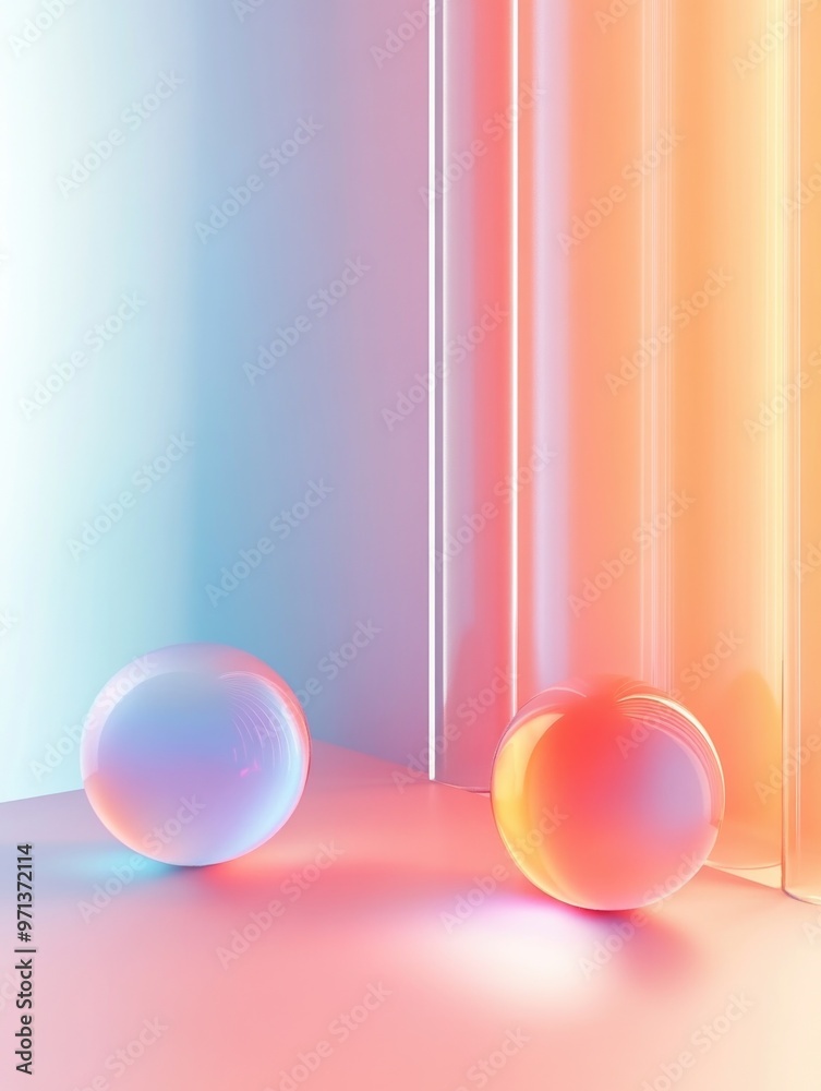 Two colorful spheres are placed in front of a pink wall. The spheres are reflecting the light, creating a vibrant and lively atmosphere Two colorful spheres are placed in front of a pink wall. The spheres are reflecting the light, creating a vibrant and lively atmosphere