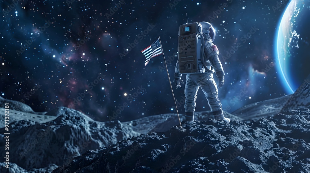 Obraz premium Astronaut Planting Flag on Asteroid Emphasizing Space and Resource Mining
