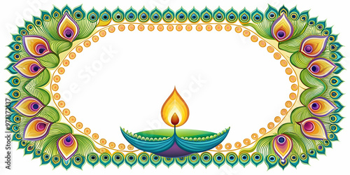 Elegant Flat Vector Border Frame with Colorful Peacock Feather and Diya Lamp, Ample Copy Space for Festive Greetings, Unique Cultural Design
