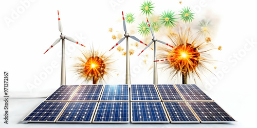 Seamless Watercolor Tile Design with Flat Sparklers and Eco-Friendly Elements: Solar Panels, Wind Turbines & Rangoli Patterns in Soft Glowing Colors