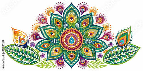 Colorful Flat Isolated Peacock Feather and Rangoli Vector Design - Vibrant Cultural Illustration on White Background