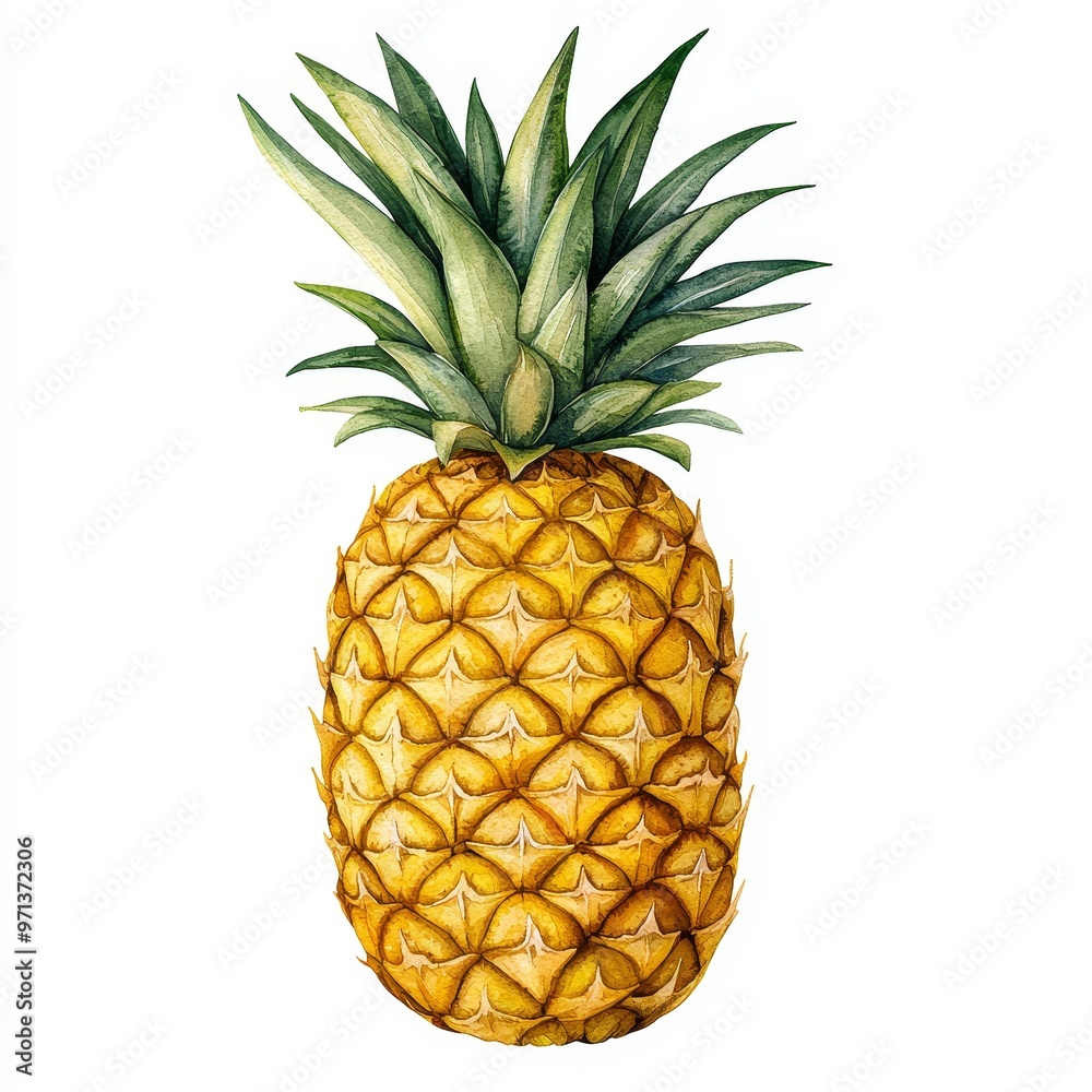 Fototapeta premium Vibrant Watercolor Ripe Pineapple Illustration on White Background in High Detail 8k Resolution